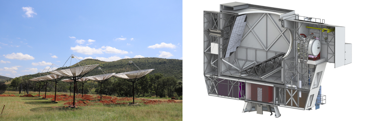 (Left) An array of eight radio dishes pointing at the sky in South Africa. (Right) A cut-away rendering of the Simons Observatory Large Aperture Telescope design.