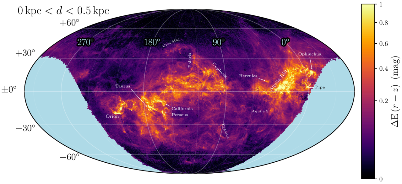 A map of dust within 0.5 kiloparsecs derived from PanSTARRS, 2MASS, and Gaia data. Credit: Josh Speagle
